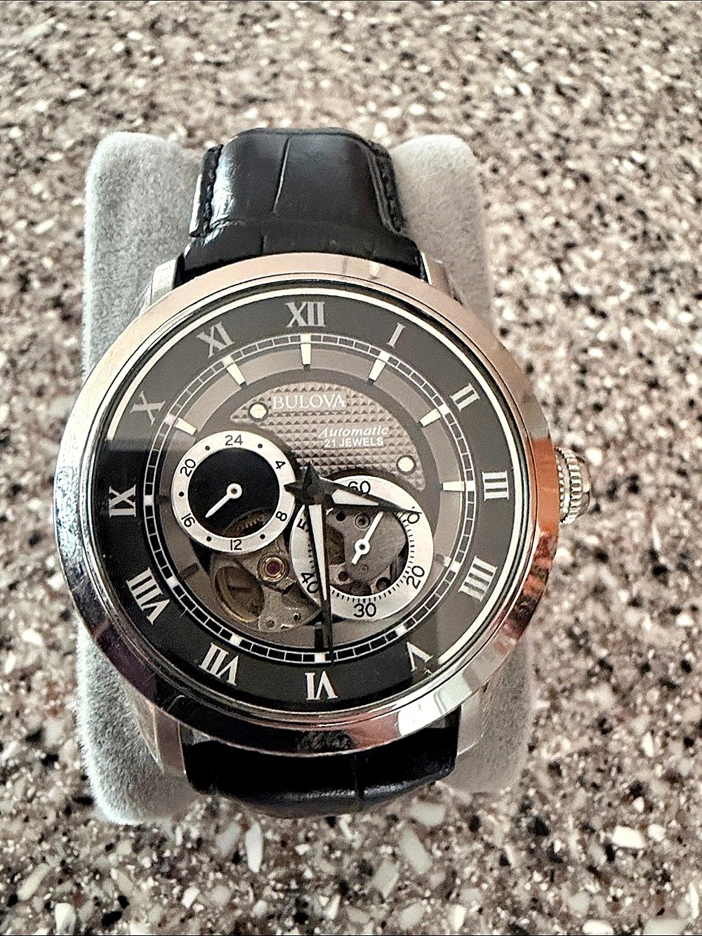 Bulova Automatic Black Dial Leather Strap Watch 98A139 Watch Black & Silver